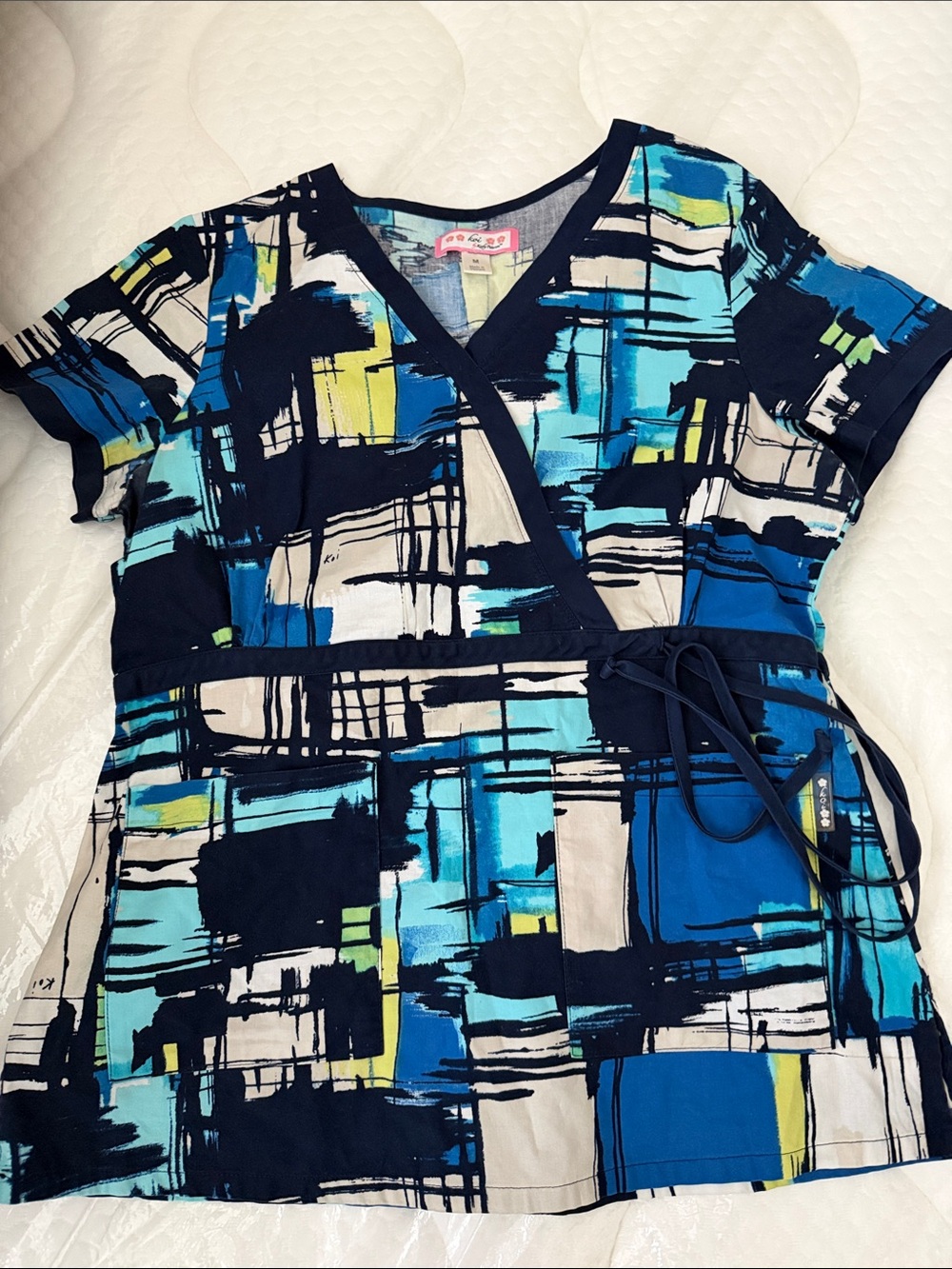 koi Abstract Print Wrap Top in Blue, Navy, Cream & Lime